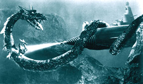 Manda, a sea serpent from the Japanese film Atragon, looks much like the classic Asian idea of a dragon. This screenshot is copyrighted by those who own the copyright to the film.