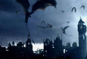 Winged dragons hover over a ruined cityscape in the film 'Reign of Fire'. This screenshot is copyrighted by those who own the copyright to the film.