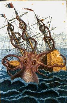 This watercolor and ink drawing of a giant octopus was made by Pieere Denys de Montfort in 1810. It is old enough to be in the public domain.