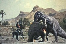 Some scientists working within the field of cryptozoology think that dinosaurs may have coexisted with humans, as in this scene from the movie 'The Valley of Gwangi' by the stop motion animation master Ray Harryhausen. This screenshot is copyrighted by those who own the copyright to the film.