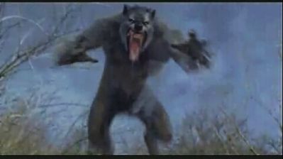 This werewolf is one of three werewolves from the film Van Helsing, here shown blurred by fast motion as it is trying to pounce on Kate Beckinsale (offscreen). This screenshot is copyrighted by those who own the copyright to the film.